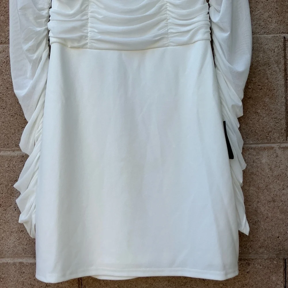 NWT Lulu’s Elegant Eternity White Mesh Ruched Off-the-Shoulder Mini Dress Medium